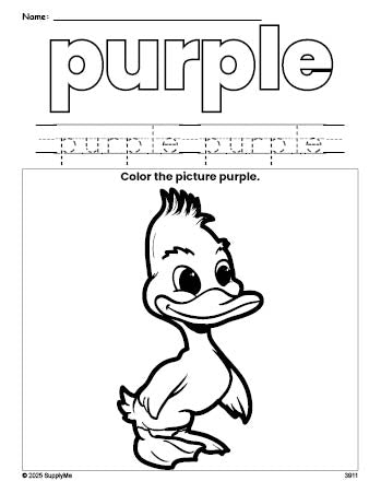 Free duckling color purple coloring page and color worksheet, purple worksheet for preschoolers to learn colors, printable PDF