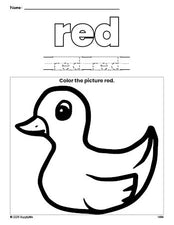 Free duckling color red coloring page and color worksheet, red worksheet for preschoolers to learn colors, printable PDF