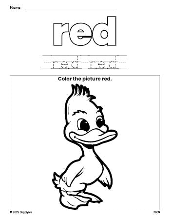 Free duckling color red coloring page and color worksheet, red worksheet for preschoolers to learn colors, printable PDF