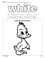 Free duckling color white coloring page and color worksheet, white worksheet for preschoolers to learn colors, printable PDF