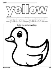 Free duckling color yellow coloring page and color worksheet, yellow worksheet for preschoolers to learn colors, printable PDF