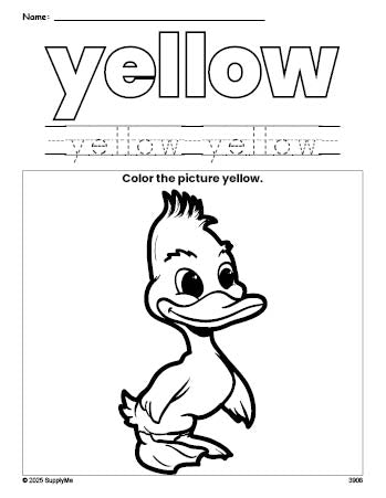 Free duckling color yellow coloring page and color worksheet, yellow worksheet for preschoolers to learn colors, printable PDF