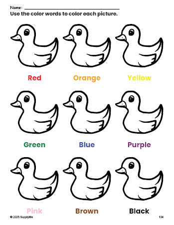 Free duckling coloring page and color worksheet for preschoolers to learn colors, printable PDF