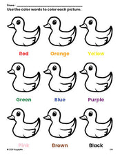 Free duckling coloring page and color worksheet for preschoolers to learn colors, printable PDF