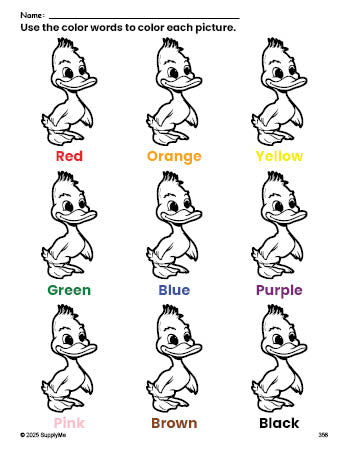 Free duckling coloring page and color worksheet for preschoolers to learn colors, printable PDF