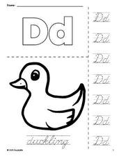 Free printable duckling coloring page and cursive letter tracing worksheet, letter d worksheet for preschool, pre-k, and kindergarten, PDF