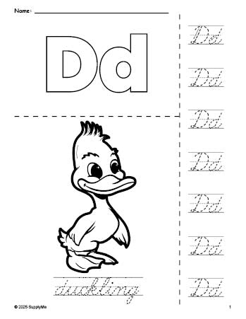 Free printable duckling coloring page and cursive letter tracing worksheet, letter d worksheet for preschool, pre-k, and kindergarten, PDF