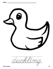 Free printable duckling coloring page and cursive word tracing worksheet, perfect for preschool, pre-k, and kindergarten, PDF