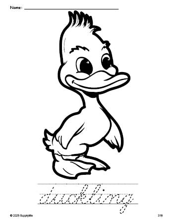 Free printable duckling coloring page and cursive word tracing worksheet, perfect for preschool, pre-k, and kindergarten, PDF