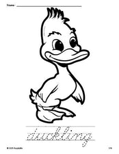 Free printable duckling coloring page and cursive word tracing worksheet, perfect for preschool, pre-k, and kindergarten, PDF