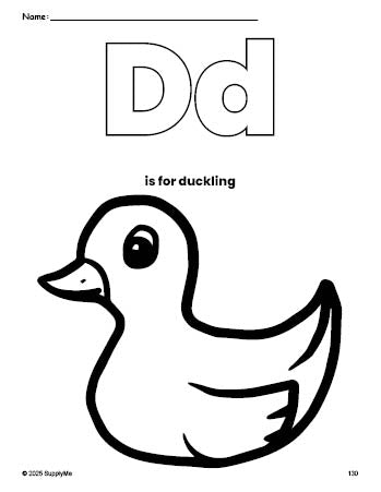 Free printable duckling coloring page, letter d coloring page for preschool, pre-k, and kindergarten, PDF