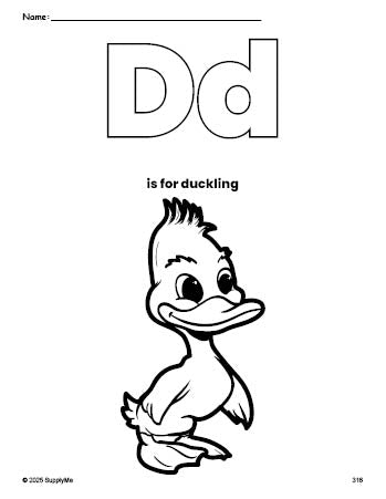 Free printable duckling coloring page, letter d coloring page for preschool, pre-k, and kindergarten, PDF