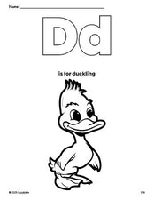 Free printable duckling coloring page, letter d coloring page for preschool, pre-k, and kindergarten, PDF