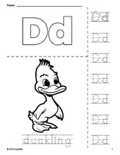 Free printable duckling coloring page and letter tracing worksheet, letter d worksheet for preschool, pre-k, and kindergarten, PDF