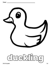 Free printable duckling coloring page for preschool, pre-k, and kindergarten, PDF