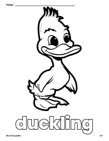 Free printable duckling coloring page for preschool, pre-k, and kindergarten, PDF