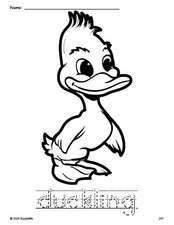 Free printable duckling coloring page and word tracing worksheet, letter formation guides, perfect for preschool, pre-k, and kindergarten, PDF