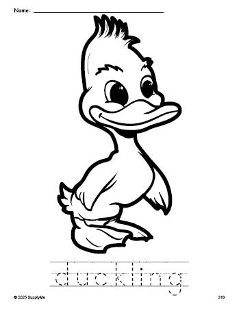 Free printable duckling coloring page and word tracing worksheet, perfect for preschool, pre-k, and kindergarten, PDF