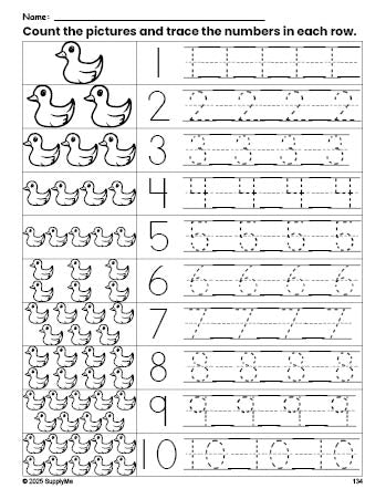 Free printable duckling counting worksheet for preschool and pre-k with number tracing practice 1-10, PDF