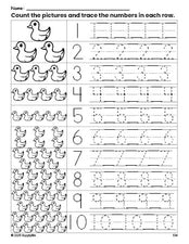 Free printable duckling counting worksheet for preschool and pre-k with number tracing practice 1-10, PDF