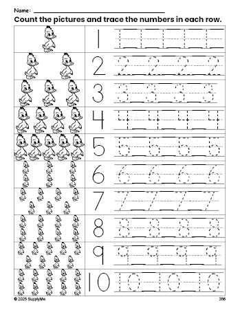 Free printable duckling counting worksheet for preschool and pre-k with number tracing practice 1-10, PDF