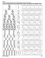 Free printable duckling counting worksheet for preschool and pre-k with number tracing practice 1-10, PDF