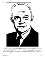 Free printable Dwight D Eisenhower Presidents' Day coloring page and cursive word tracing worksheet, perfect for preschool, pre-k, and kindergarten, PDF