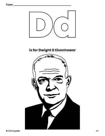 Free printable Dwight D Eisenhower Presidents' Day coloring page, letter d coloring page for preschool, pre-k, and kindergarten, PDF