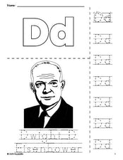 Free printable Dwight D Eisenhower Presidents' Day coloring page and letter tracing worksheet, letter d worksheet for preschool, pre-k, and kindergarten, PDF