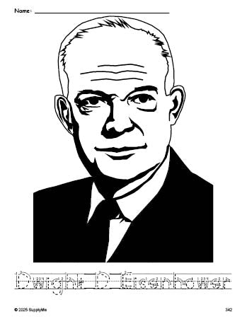 Free printable Dwight D Eisenhower Presidents' Day coloring page and word tracing worksheet, letter formation guides, perfect for preschool, pre-k, and kindergarten, PDF