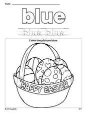 Free Easter basket color blue coloring page and color worksheet, blue worksheet for preschoolers to learn colors, printable PDF