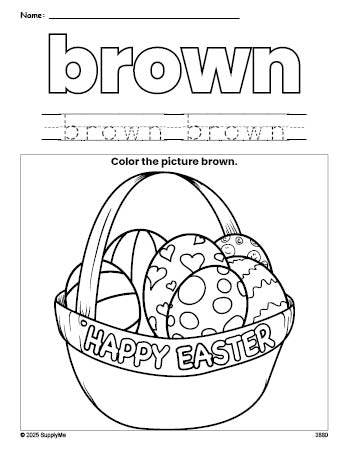 Free Easter basket color brown coloring page and color worksheet, brown worksheet for preschoolers to learn colors, printable PDF