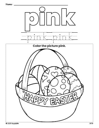 Free Easter basket color pink coloring page and color worksheet, pink worksheet for preschoolers to learn colors, printable PDF