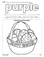 Free Easter basket color purple coloring page and color worksheet, purple worksheet for preschoolers to learn colors, printable PDF