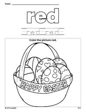 Free Easter basket color red coloring page and color worksheet, red worksheet for preschoolers to learn colors, printable PDF