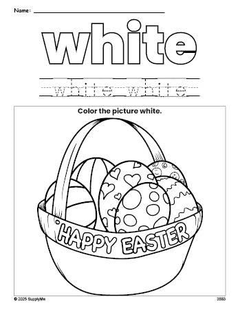 Free Easter basket color white coloring page and color worksheet, white worksheet for preschoolers to learn colors, printable PDF