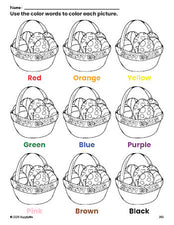 Free Easter basket coloring page and color worksheet for preschoolers to learn colors, printable PDF