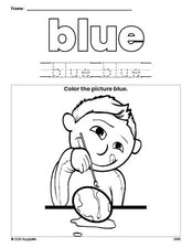 Free Easter boy color blue coloring page and color worksheet, blue worksheet for preschoolers to learn colors, printable PDF