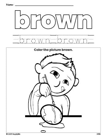 Free Easter boy color brown coloring page and color worksheet, brown worksheet for preschoolers to learn colors, printable PDF