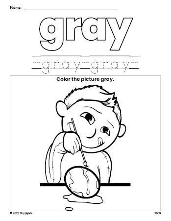 Free Easter boy color gray coloring page and color worksheet, gray worksheet for preschoolers to learn colors, printable PDF