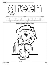 Free Easter boy color green coloring page and color worksheet, green worksheet for preschoolers to learn colors, printable PDF