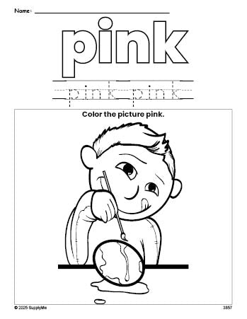 Free Easter boy color pink coloring page and color worksheet, pink worksheet for preschoolers to learn colors, printable PDF