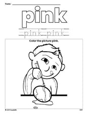 Free Easter boy color pink coloring page and color worksheet, pink worksheet for preschoolers to learn colors, printable PDF