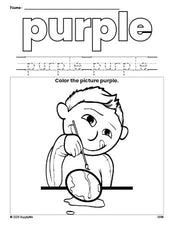 Free Easter boy color purple coloring page and color worksheet, purple worksheet for preschoolers to learn colors, printable PDF