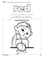 Free Easter boy color red coloring page and color worksheet, red worksheet for preschoolers to learn colors, printable PDF