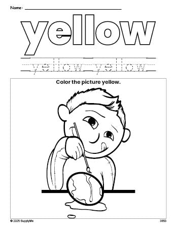 Free Easter boy color yellow coloring page and color worksheet, yellow worksheet for preschoolers to learn colors, printable PDF