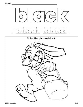 Free Easter bunny color black coloring page and color worksheet, black worksheet for preschoolers to learn colors, printable PDF