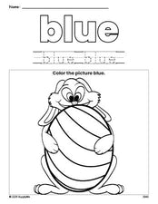 Free Easter bunny color blue coloring page and color worksheet, blue worksheet for preschoolers to learn colors, printable PDF