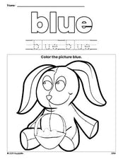 Free Easter bunny color blue coloring page and color worksheet, blue worksheet for preschoolers to learn colors, printable PDF