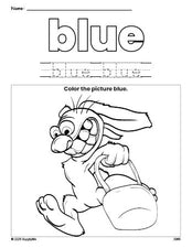 Free Easter bunny color blue coloring page and color worksheet, blue worksheet for preschoolers to learn colors, printable PDF